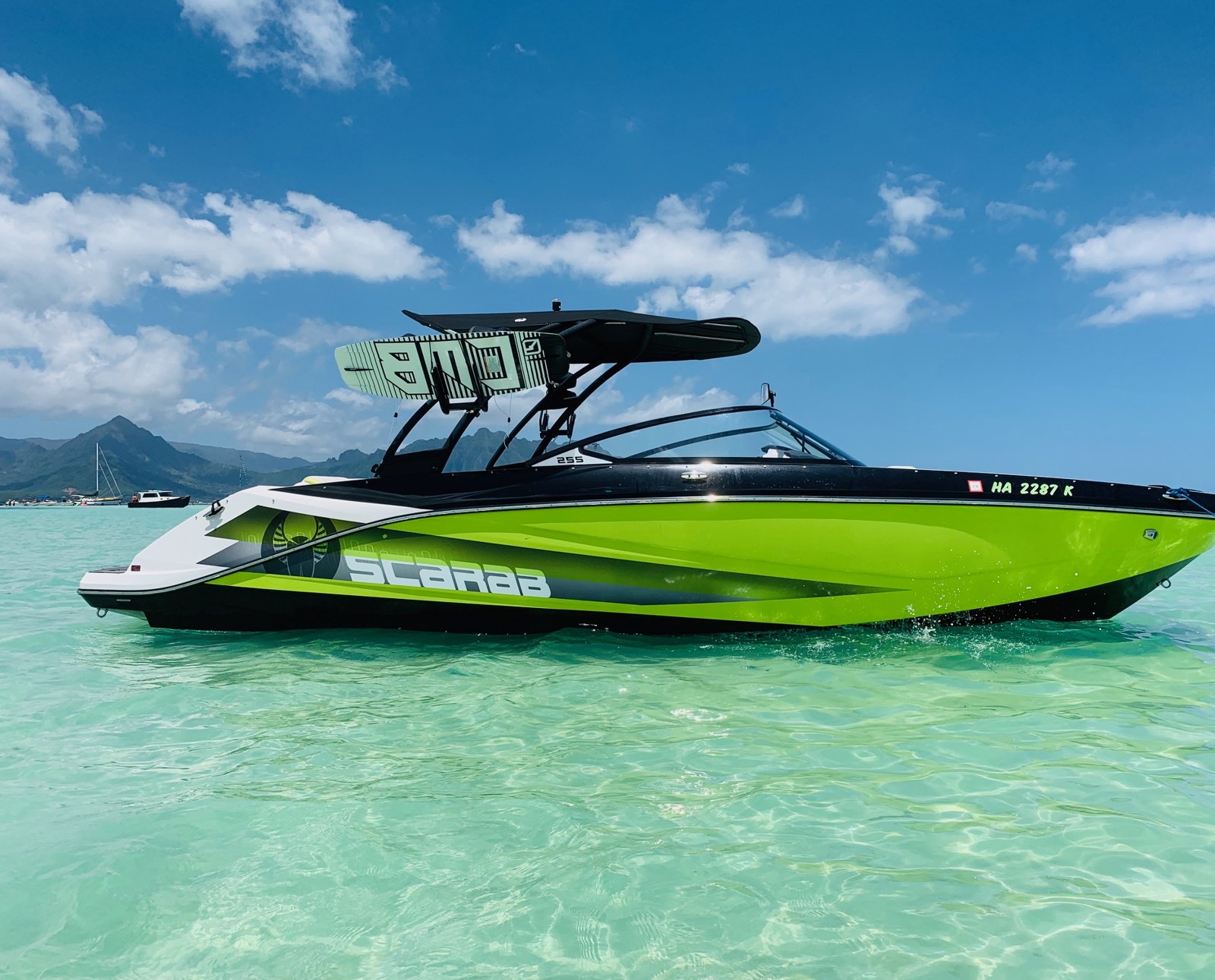 Our Scarab 255 anchored in the clear water of Kaneohe Bay, Hawaii